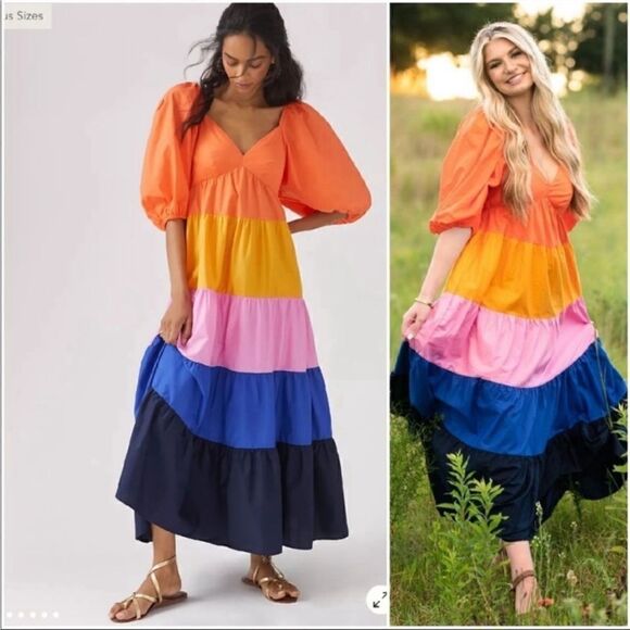 Anthropologie Farm Rio Tiered Colorblock
Puff Sleeves Fun Maxi Dress - Picture 3 of 16
